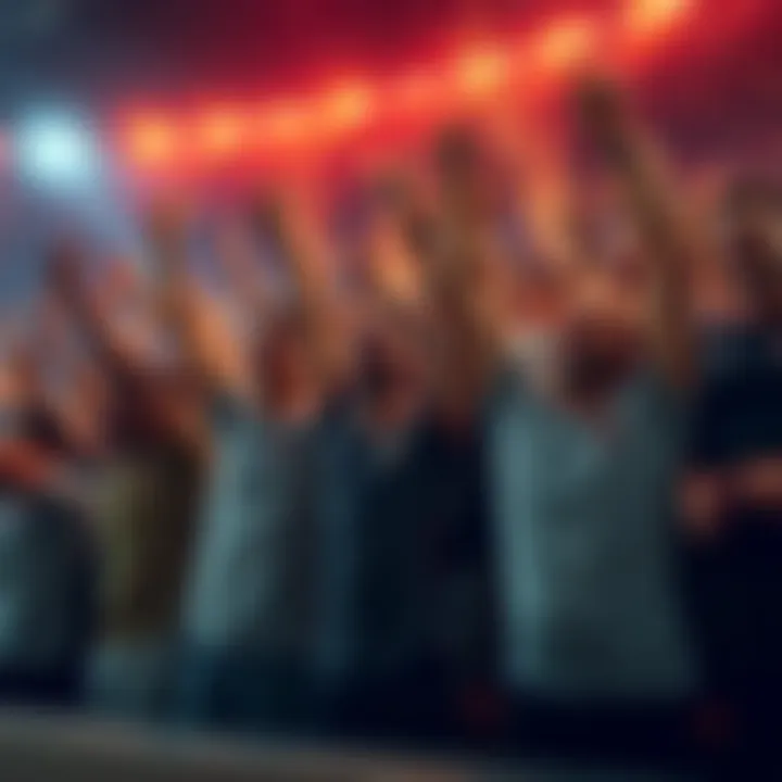 A group of excited fans cheering and celebrating consecutive victories in a competition.