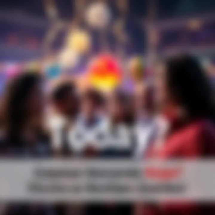 A group of people looking hopeful, discussing current news updates, with a festive atmosphere.