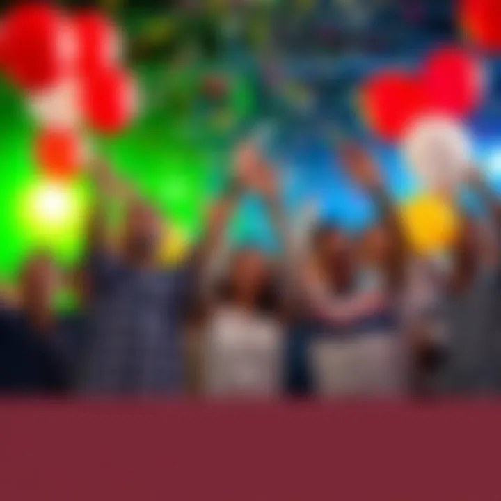 A group of happy people cheering and celebrating two consecutive victories with balloons and confetti