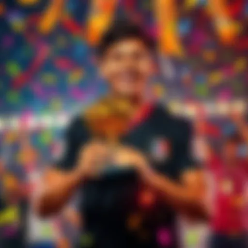 A person celebrating their first victory in WINALL with a big smile, holding a trophy in their hands, surrounded by colorful confetti