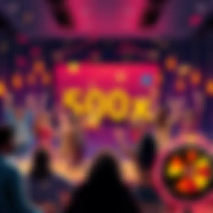 A joyful scene showing people celebrating as they win large prizes through a game involving case openings and spins