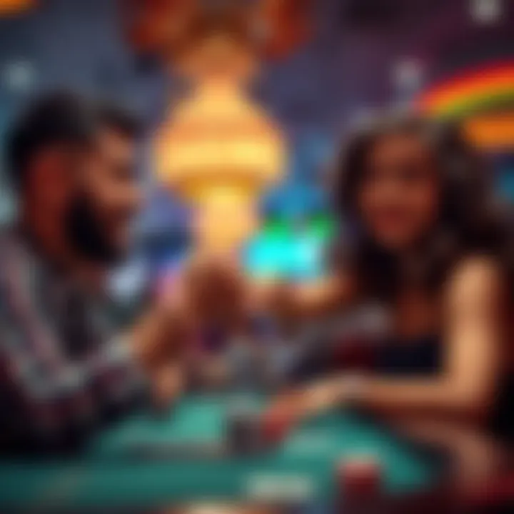 Celebratory Fist Bump in Casino A young girl celebrates her card game wins with a fist bump alongside a stranger in a lively casino setting