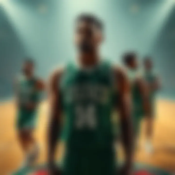 Celtics players on the court with empty jerseys representing Brown and Queta, Giannis in action