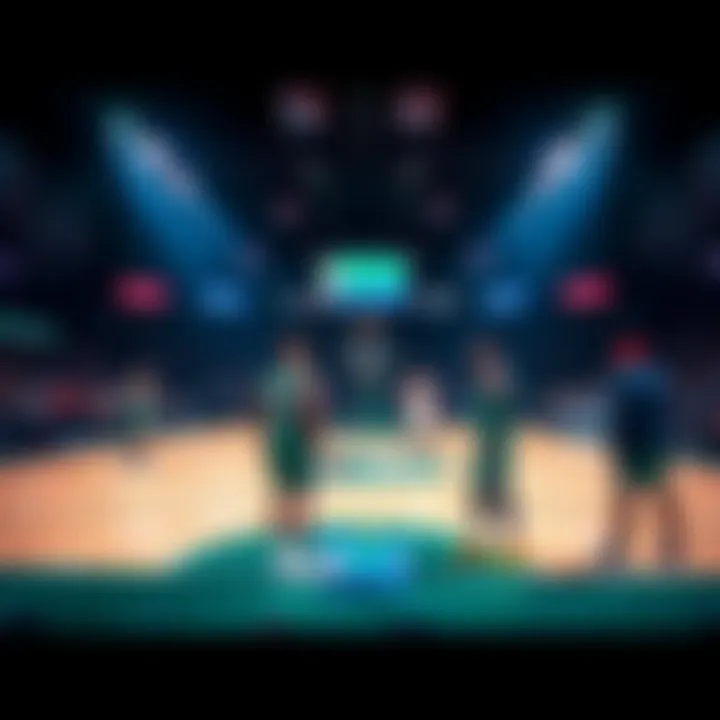 Celtics and Denver basketball players starting the game, with no score on the scoreboard in the first minute