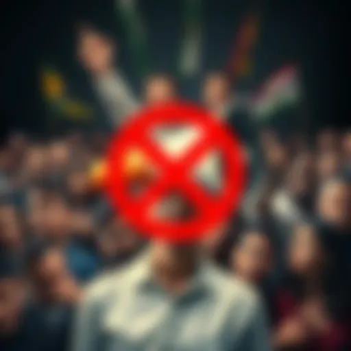 A collage showing a megaphone covered by a red crossed-out symbol, with a diverse group of people looking concerned in the background.