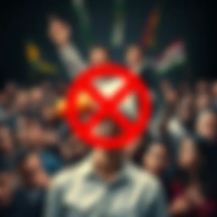 A collage showing a megaphone covered by a red crossed-out symbol, with a diverse group of people looking concerned in the background.