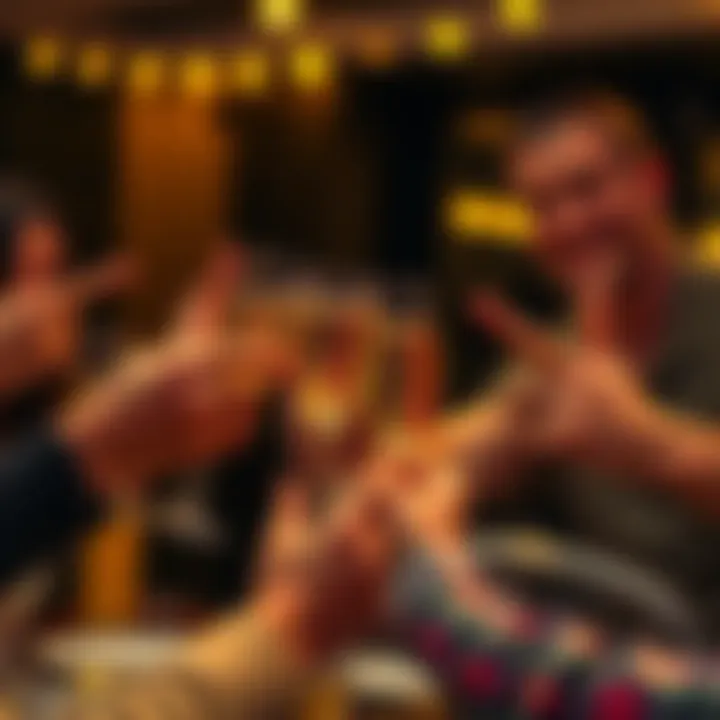 A group of friends clinking champagne glasses together with fingers crossed for good luck.