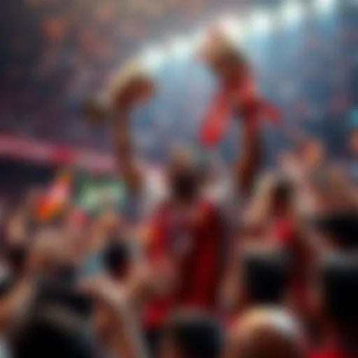 A player celebrating a tournament victory with a trophy in hand, surrounded by cheering fans.