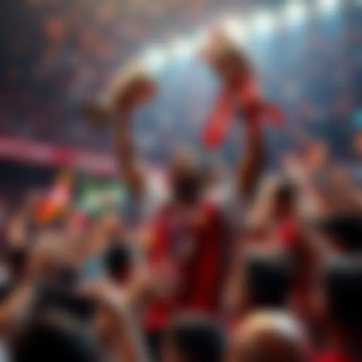 Champion Celebrating Win A player celebrating a tournament victory with a trophy in hand, surrounded by cheering fans.