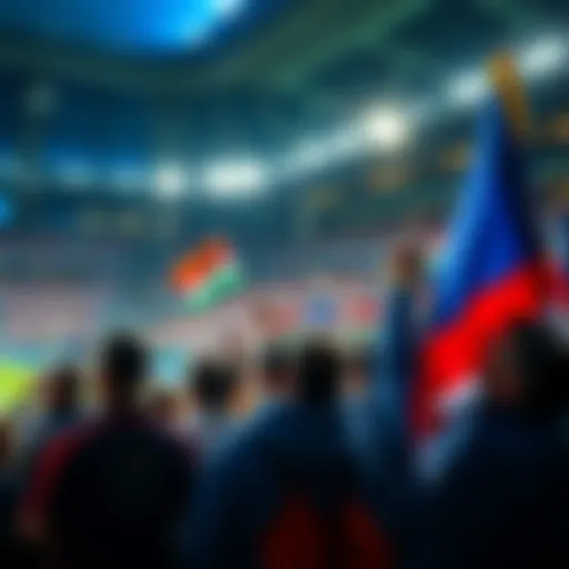 Fans cheering in a stadium during a Champions League match, holding flags and banners, showing their support.