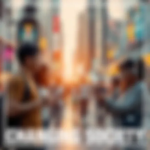 A visual representation of diverse people interacting in an urban setting, showcasing modern technology and social change.