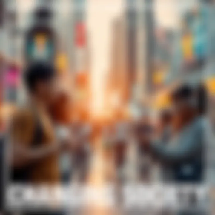 A visual representation of diverse people interacting in an urban setting, showcasing modern technology and social change.