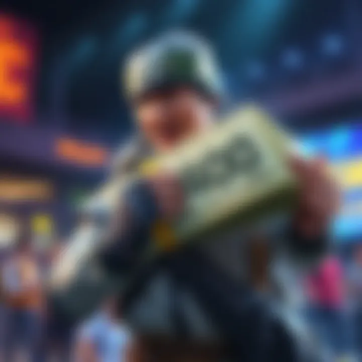 A character in a game holding a large bundle of currency representing 400 million Gc, looking excited about leveling up their skills.