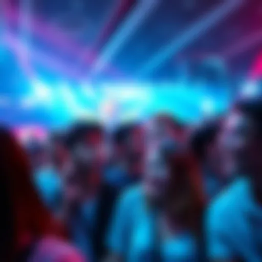 A crowd of fans discussing the absence of a character at a popular event, showing curiosity and mixed emotions on their faces.