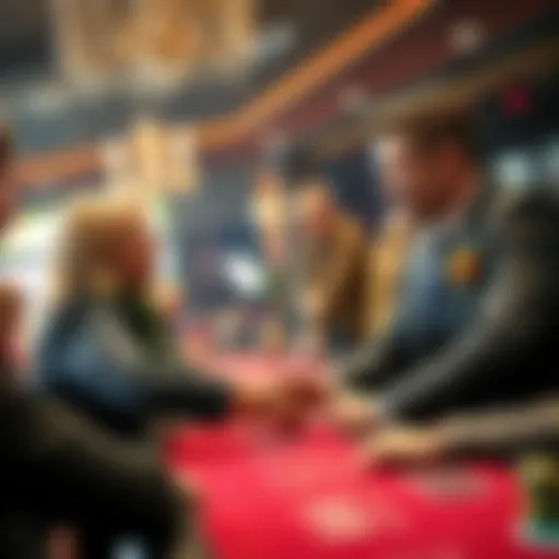 A lively dealer interacting with enthusiastic customers at a gaming table, showcasing fun and charm.