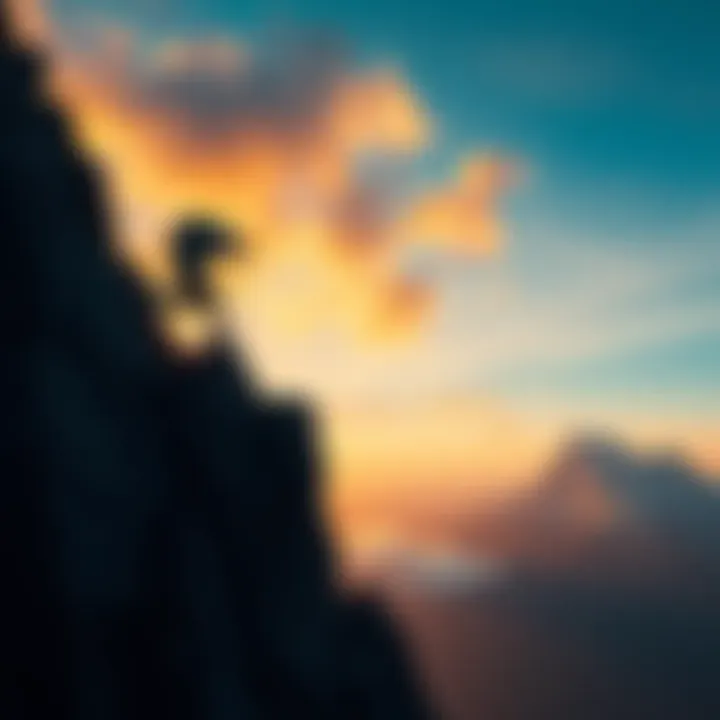 A person climbing a mountain with determination, symbolizing the pursuit of personal achievements and experiences.
