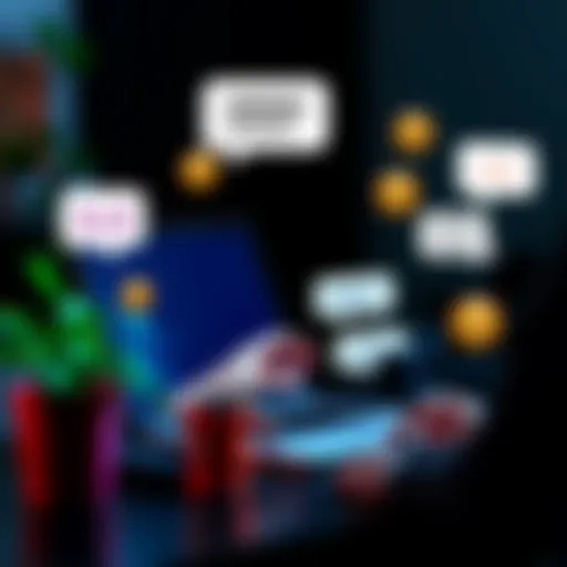 Chat Interaction A person engaging in an online chat on a laptop, with expressive emojis and text bubbles around them.