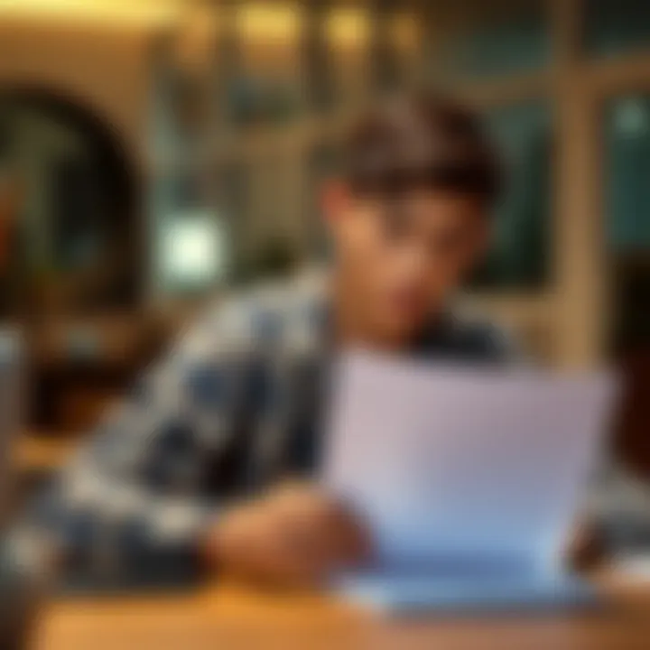 A young adult reviewing documents at a desk, looking thoughtful about account verification options