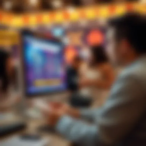 A person looking at a raffle ticket with a computer showing results on the screen