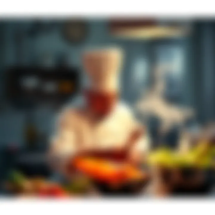 Chef Cooking in Kitchen A chef experimenting with ingredients in a bright kitchen, showing determination and creativity while cooking