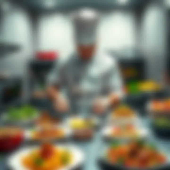 Chef Tray Cooking Delicious Dishes Chef Tray preparing mouthwatering dishes in a kitchen, showcasing a variety of colorful ingredients and vibrant plates