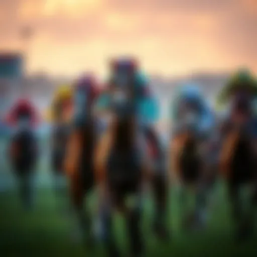 A view of horses racing at Cheltenham with jockeys in colorful silks