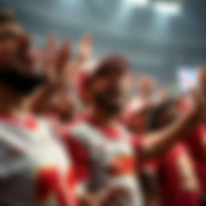 A group of excited fans wearing Chiefs jerseys cheering for their team at a game