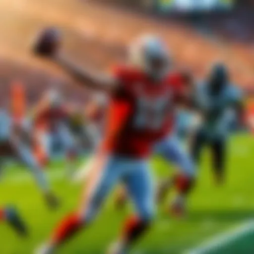 Action shot of Mahomes throwing a pass during the Chiefs vs Jags game, with players in motion on the field.