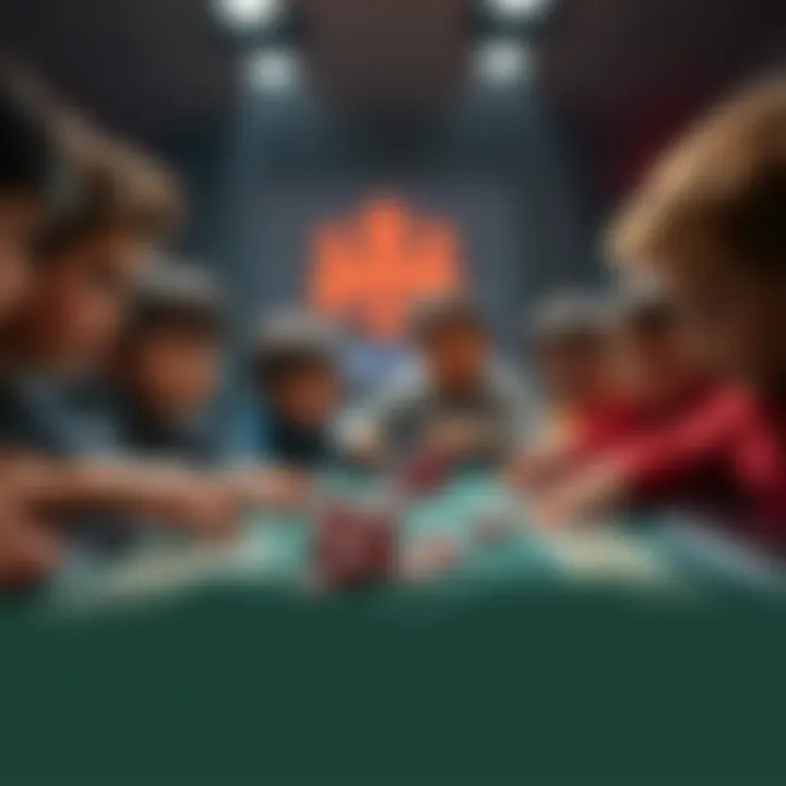 Children playing poker A group of children learning to play poker around a table, focusing on cards and chips