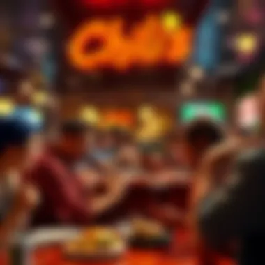 People enjoying food at Chili's, featuring burgers and drinks in a lively atmosphere