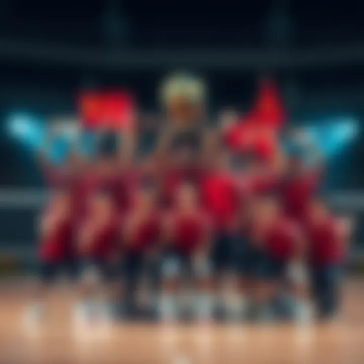 Members of the Chinese volleyball team celebrating with their trophy after a recent victory, showcasing their pride and unity