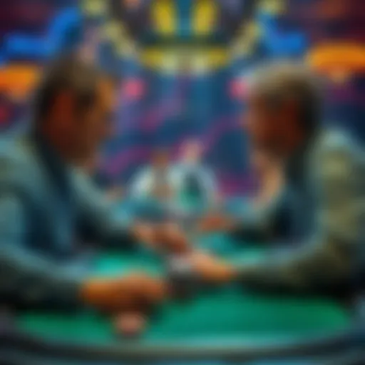 Two chip leaders compete at a poker table, tension fills the air as they face each other with focused expressions.
