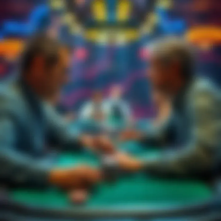Two chip leaders compete at a poker table, tension fills the air as they face each other with focused expressions.
