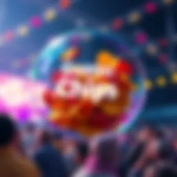 A colorful bubble filled with chips at the microFestival, inviting people to guess how many are inside for a chance to win tickets.
