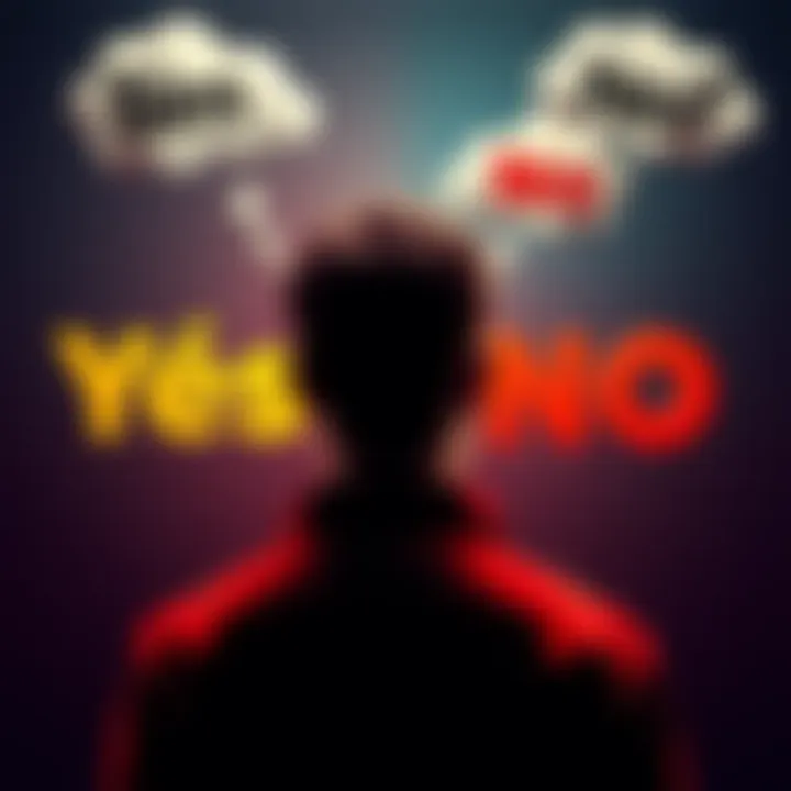 A split image showing a person pondering over the words Yes and No, with thought bubbles reflecting different opinions around the decision.