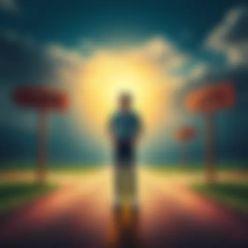 A person standing at a crossroads, pondering their decisions with a thoughtful expression, surrounded by directional signs indicating different life paths.