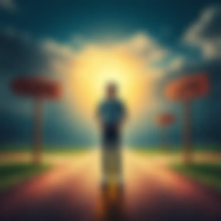 A person standing at a crossroads, pondering their decisions with a thoughtful expression, surrounded by directional signs indicating different life paths.