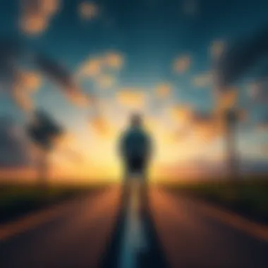 Choices and Options A person standing at a crossroads, representing choices in life decisions, with signs pointing in different directions.