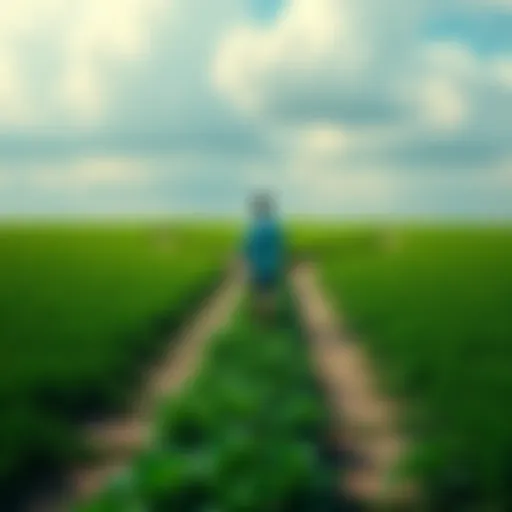 A person weighing options with two paths diverging in a green field, symbolizing decision making.