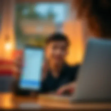 Choosing Between Host and App for Booking A person debating whether to contact their host or use an app for booking accommodation, showing options on a smartphone and a laptop.