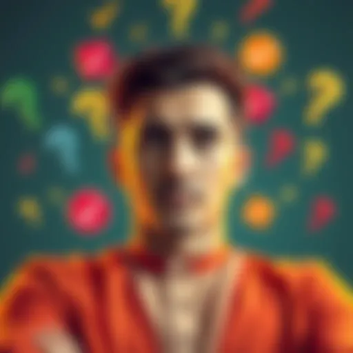 A person considering different choices, surrounded by various symbols representing options, like checkmarks and question marks.