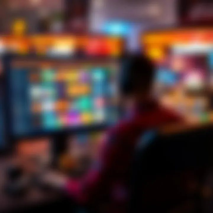 A person comparing online casinos with a computer and colorful casino icons on the screen