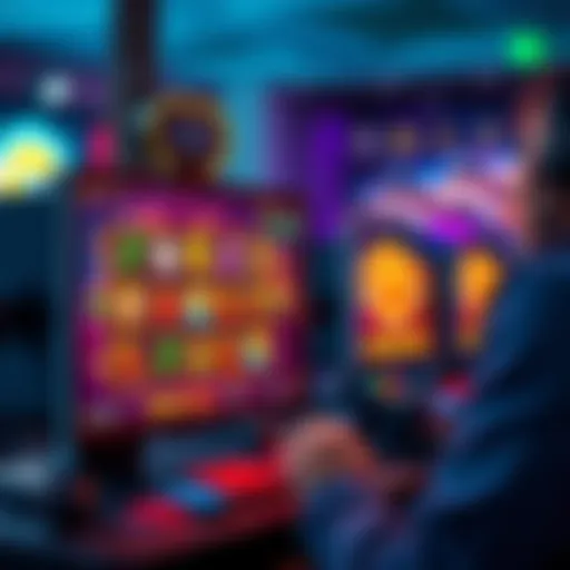 A player examining online slot machines on a computer screen, with graphics of spinning reels and symbols