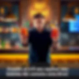 A person standing in front of a bar looking confused while holding two different drinks, one in each hand.