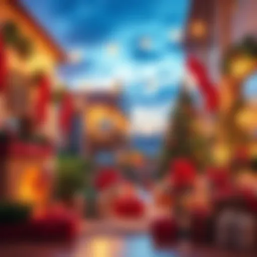 Christmas in July Celebration A festive scene with Christmas decorations, a tree, and gifts in a summer setting