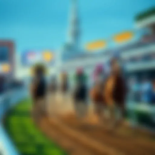 A lively scene at Churchill Downs with horses racing and spectators cheering.