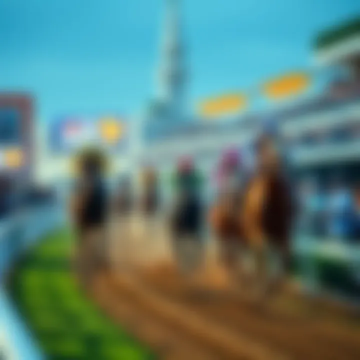 A lively scene at Churchill Downs with horses racing and spectators cheering.