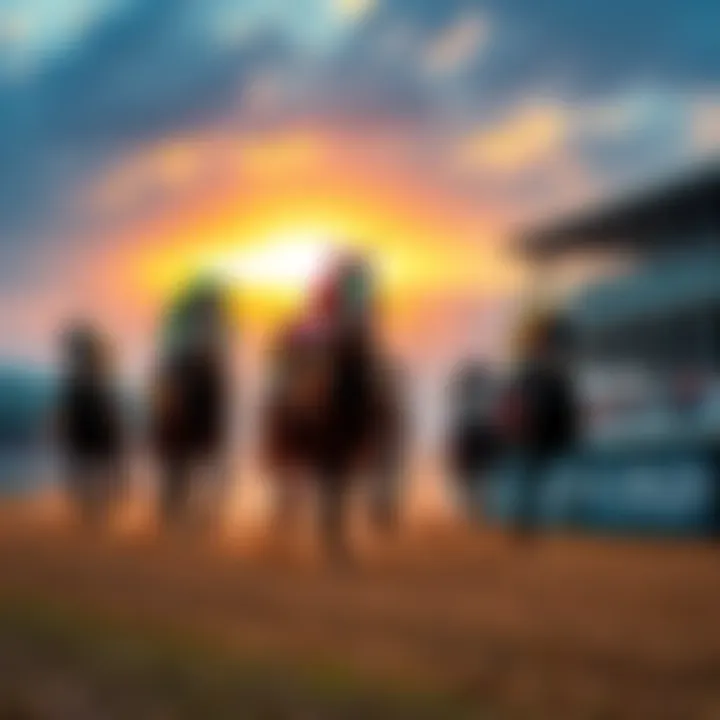 A group of horses competing in the Clark Stakes race at Churchill Downs with the crowd cheering in the background