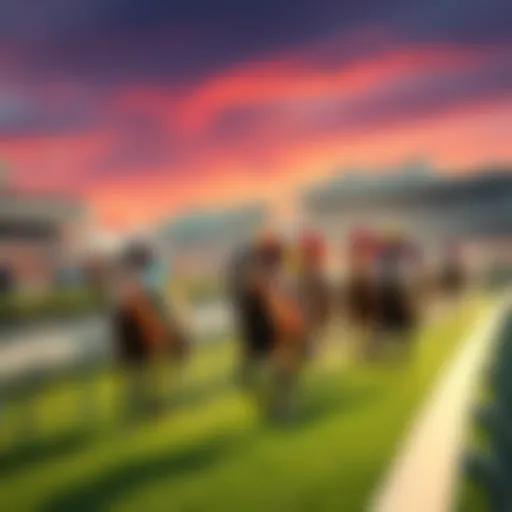 Exciting horse race at Churchill Downs with cheering crowd and colorful jockeys