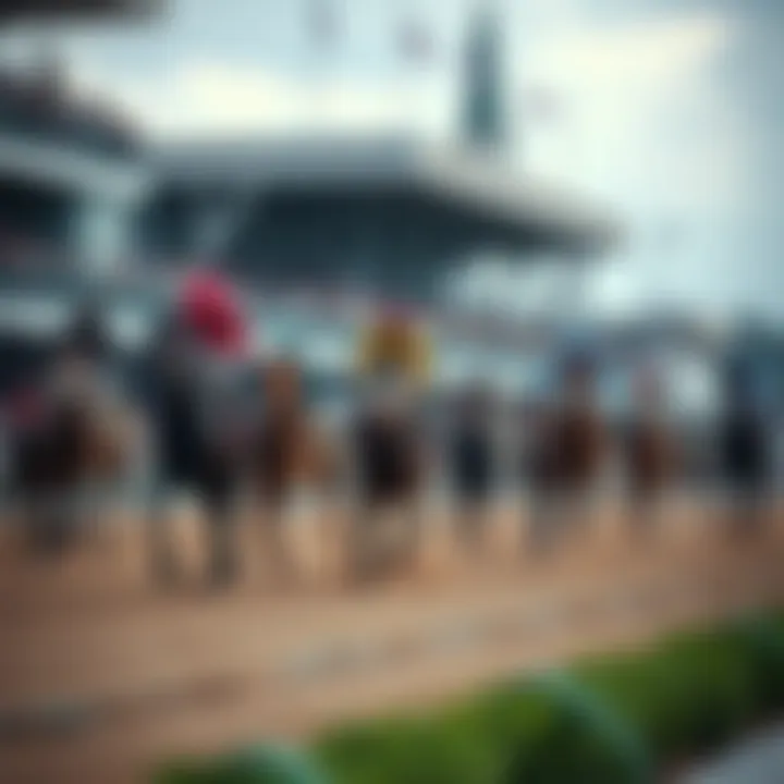 A lively scene of horses racing at Churchill Downs during the Kentucky Derby